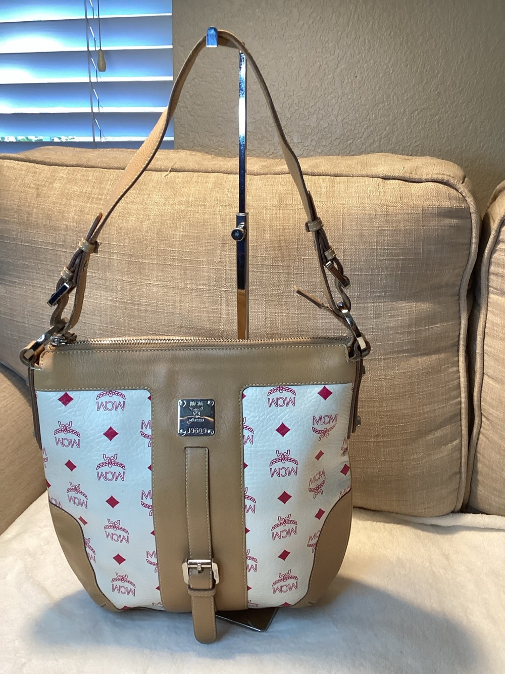 MCM Tan & White Logo Canvas Shoulder/Hobo Bag with Red Accents
